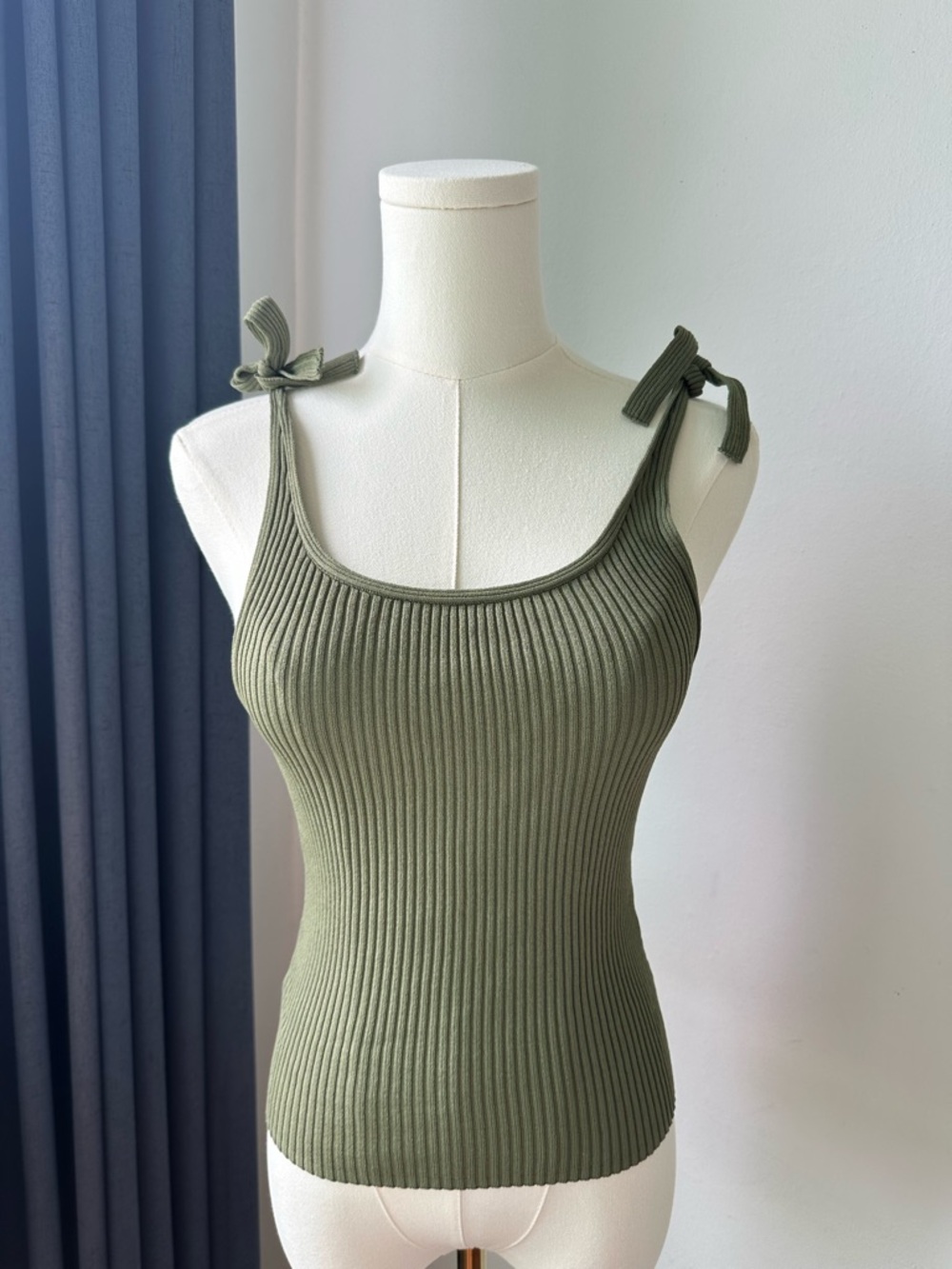 H&M Ribbed Tie-Shoulder Tank Top - Olive Green Size S Casual